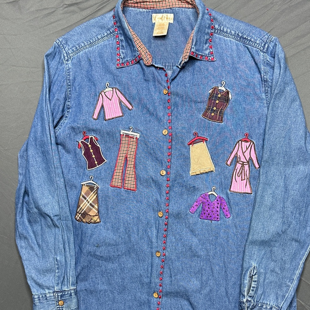 Vintage Bobbie Brooks Denim Shirt with Colorful Clothing Embroidered Patches